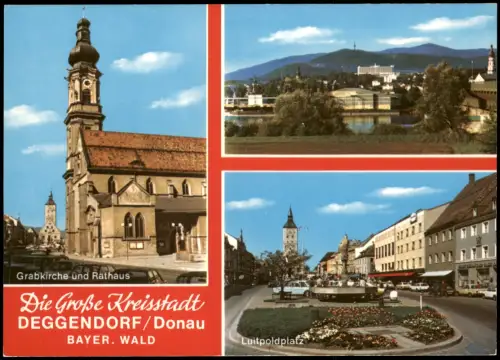 Deggendorf Mehrbild-AK mit 3 Ortsansichten u.a. Grabkirche, Luitpoldplatz 1970