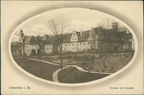 Ansichtskarte Glauchau Schloss mit Anlagen 1914 Passepartout