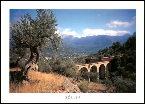 Sóller (Mallorca) Schmalspurbahn auf Steinviadukt in Gebirgslandschaft 1996