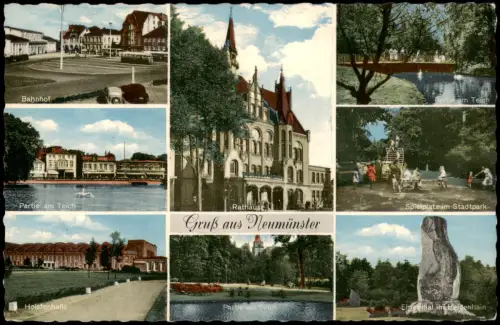 Neumünster Mehrbild-AK Bahnhof Holstenhalle Spielplatz im Stadtpark uvm. 1962