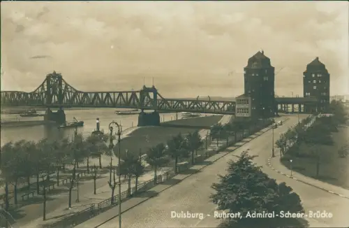 Ansichtskarte Ruhrort-Duisburg Admiral-Scheer-Brücke, Straße Fotokarte 1938