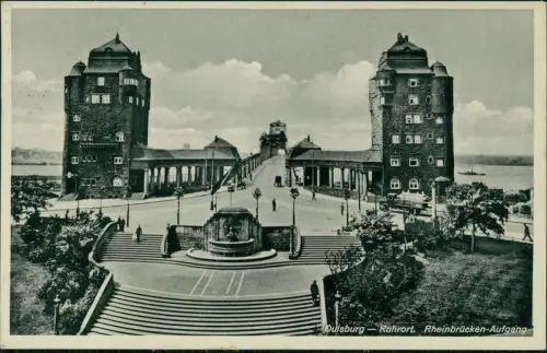 Ansichtskarte Ruhrort-Duisburg Rheinbrücken-Aufgang 1938