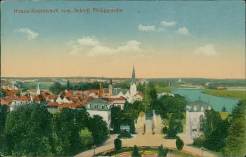 Ansichtskarte Hanau Kesselstadt vom Schloß Philippsruhe 1918  gel. Feldpost