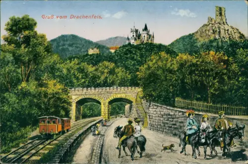 Königswinter Gruß vom Drachenfels, Bergbahn, Reiter, Heliokolorkarte 1926
