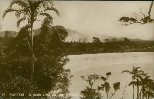 Postcard Santos A praia vista da Ilha Porchat 1928