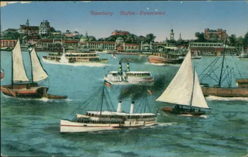 St. Pauli-Hamburg Hafen Segelboote Dampfer Fähre Künstlerkarte 1925