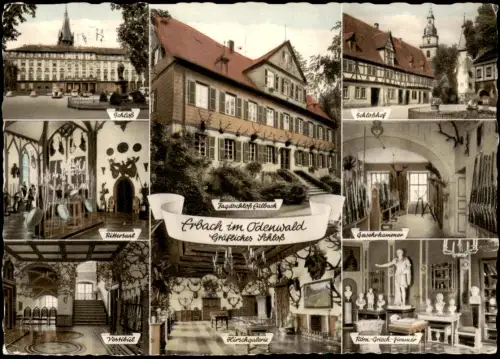 Erbach (Odenwald) Mehrbild-AK Schloss, Rittersaal, Gewehr-Kammer, Hirsch-Galerie uvm. 1958