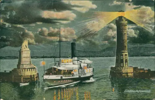 Ansichtskarte Lindau (Bodensee) Hafen Dampfer bei Nachr Stimmungsbild 1913