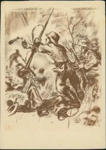 Künstlerkarte - Militär Soldaten im Gefecht WK2 Handgranate 1941