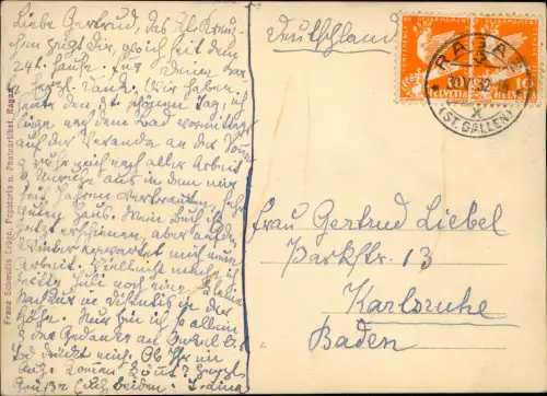 Ansichtskarte Bad Ragaz Parkhotel Flora 1932