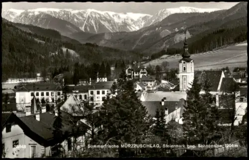 Mürzzuschlag Panorama mit Kirche und Schneealpe im Hintergrund 1965