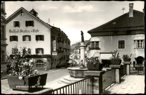 Ansichtskarte Steinach (Brenner) Gasthof Pension zur Rose mit Brunnen 1955
