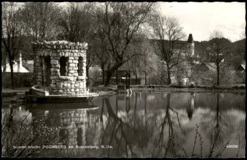 Puchberg am Schneeberg Kurparkteich mit Steinpavillon und Blick zur Kirche 1933