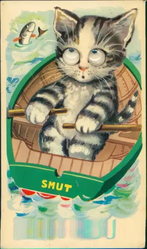 Ansichtskarte  Tiere - Katzen Katze im Boot mechansiche Karte Rollaugen 1978