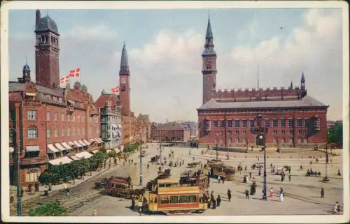 Postcard Kopenhagen København Raadhuspladsen. Straßenbahn Tram 1956