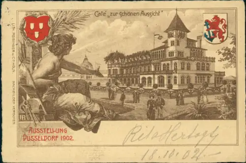 Düsseldorf Ausstellung Künstlerkarte Cafe zur schönen Aussicht 1902
