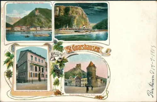 St. Goarshausen 4 Bild Dampfer Loreley b. Nacht, Gasthaus zur Heimat 1908
