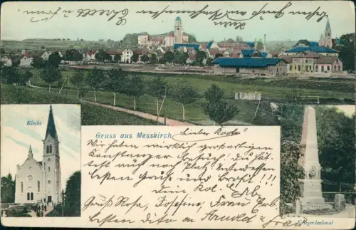 Ansichtskarte Meßkirch 2 Bild Kirche Stadt und Kriegerdenkmal 1906