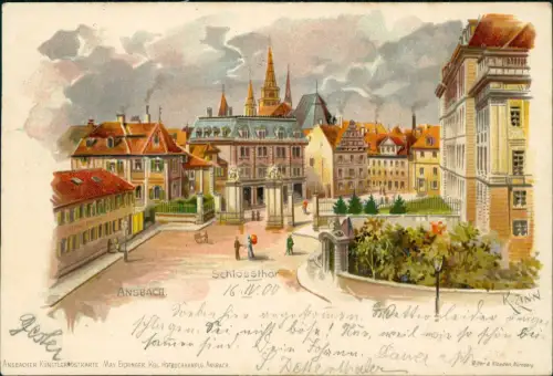 Ansichtskarte Ansbach Straßenpartie Schlossthor Künstlerkarte 1900