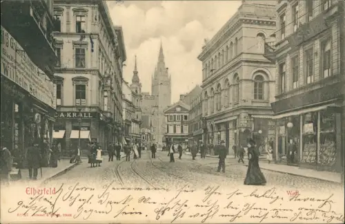 Ansichtskarte Elberfeld-Wuppertal Straßenpartie - Wall, Geschäfte 1906