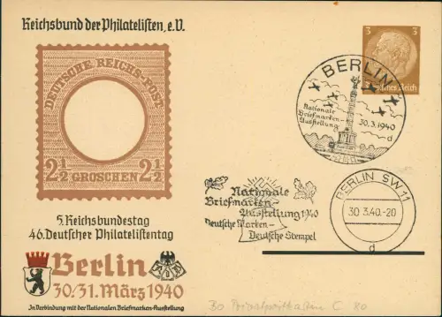 Keichsbund der Philatelisten Berlin 5. Reichsbundestag 1940 Prägekarte