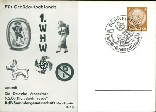 Ansichtskarte  WHW KdF-Sammlergemeinschaft Main-Franken Propaganda 1939  Sonderstempel Schweinfurt