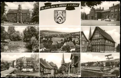Alfeld (Leine) Mehrbild-AK Bahnhof, Museum, Leine-Brücke, Schwimmbad uvm. 1960
