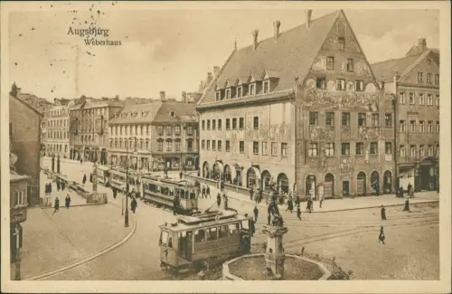 Ansichtskarte Augsburg Weberhaus, Straßenbahn 1934
