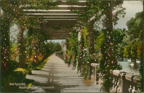 Ansichtskarte Bad Pyrmont Rosengang am Schlossteich. colorierte Fotokarte 1928
