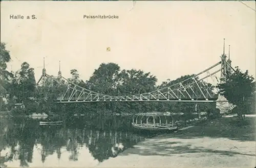 Ansichtskarte Halle (Saale) Peissnitzbrücke, Boot 1908