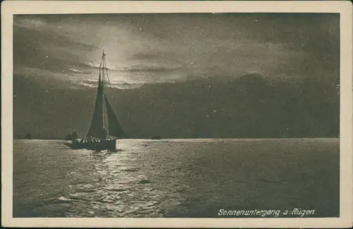 .Mecklenburg-Vorpommern Sonnenuntergang auf Rügen Stimmungsbild Segelboot 1928