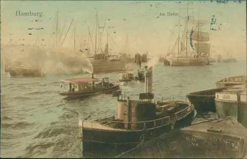 Ansichtskarte Hamburg Hafen Dampfer Segelboote colorierte AK 1909