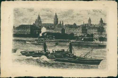Ansichtskarte Mainz Stadtblick Rheindampfer - Federzteichnung 1914