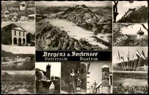 Bregenz Mehrbildkarte mit Stadtansichten, Seilbahn und See-Karte 1955
