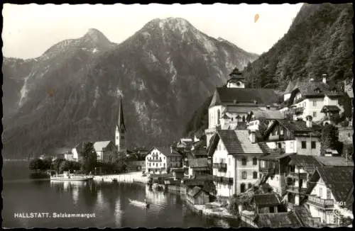 Ansichtskarte Hallstatt Ortsansicht mit See, Kirchen und Bergen 1965