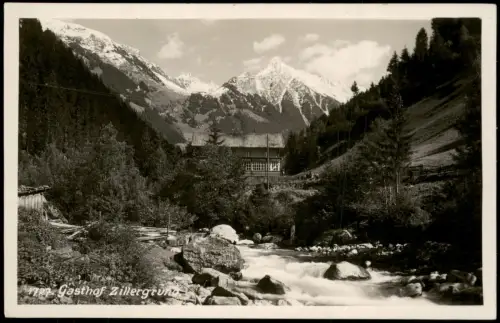 Ansichtskarte Mayrhofen Gasthof Zillergrund mit Bergbach und Alpengipfeln 1950