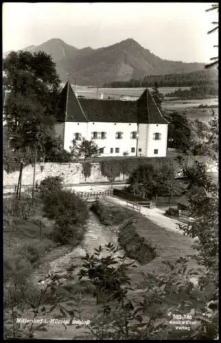 Ansichtskarte Mitterdorf im Mürztal Schloss mit Bachlauf und Bergen 1950