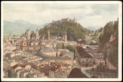 Salzburg Blick vom Elektrischen Aufzug auf die Festung und Altstadt 1950