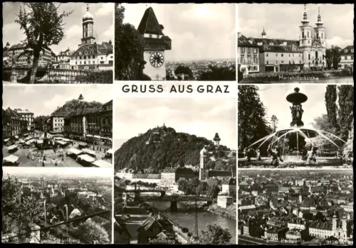 Graz Mehrbildkarte Graz mit Uhrturm, Schloßberg und Stadtansichten 1962