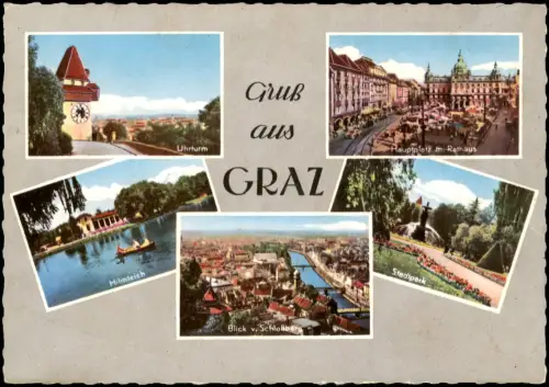 Graz MB mit Uhrturm, Hauptplatz, Hilmteich, Schloßbergblick und Stadtpark 1966