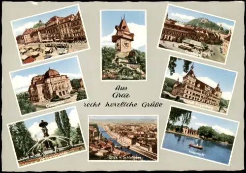 Graz MB mit Uhrturm, Hauptplatz, Opernhaus und weiteren Ansichten 1954
