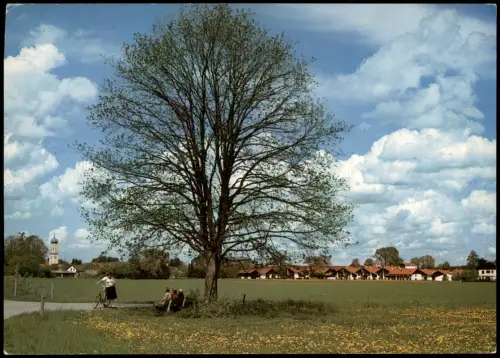 Ansichtskarte Sauerlach Fernansicht Umland Personen rasten an einem Baum 1985