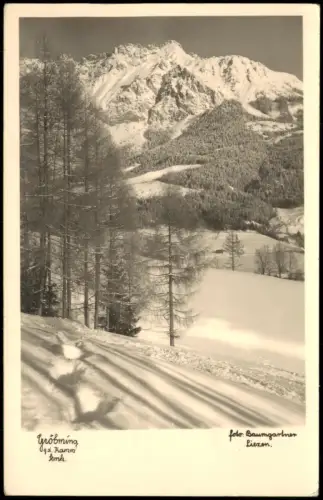 Gröbming Winterliche Gebirgslandschaft mit schneebedecktem Berggipfel 1955