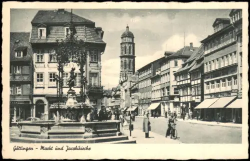 Göttingen Marktplatz mit Gänseliesel-Brunnen und Jacobikirche 1950