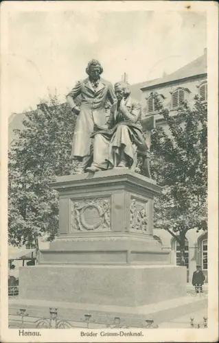 Ansichtskarte Hanau Brüder Grimm-Denkmal. 1915 Feldpost Reserve Lazarett Hanau