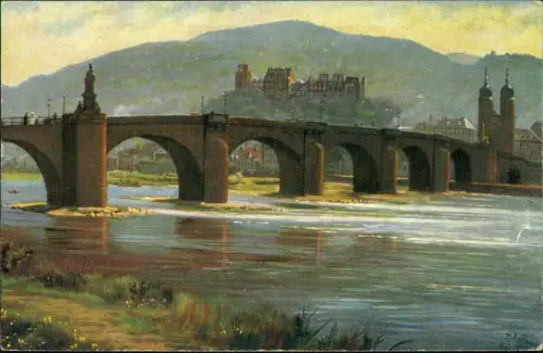 Heidelberg Alte Brücke am Neckar, Schloss, Künstler Hoffmann Künstlerkarte 1927