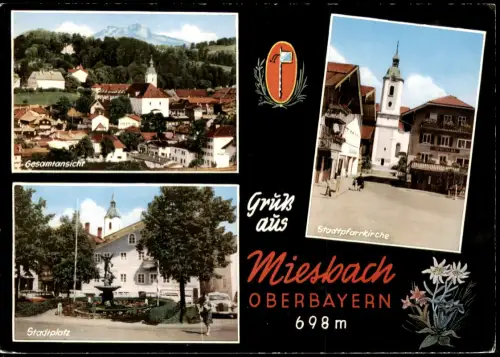 Ansichtskarte Miesbach Stadtplatz, Kirche u. Totale 1972