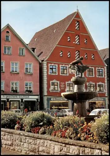Ansichtskarte Memmingen Fischerbrunnen, Geschäfte, Autos u.a. VW Käfer 1975