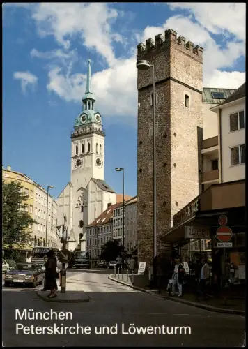Ansichtskarte München Peterskirche und Löwenturm, Auto Mercedes 1975