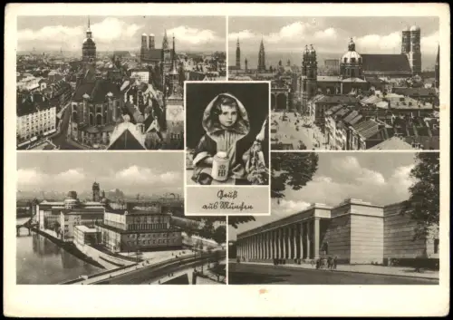 München Mehrbildkarte mit Münchener Kindl und Stadt-Ansichten 1951